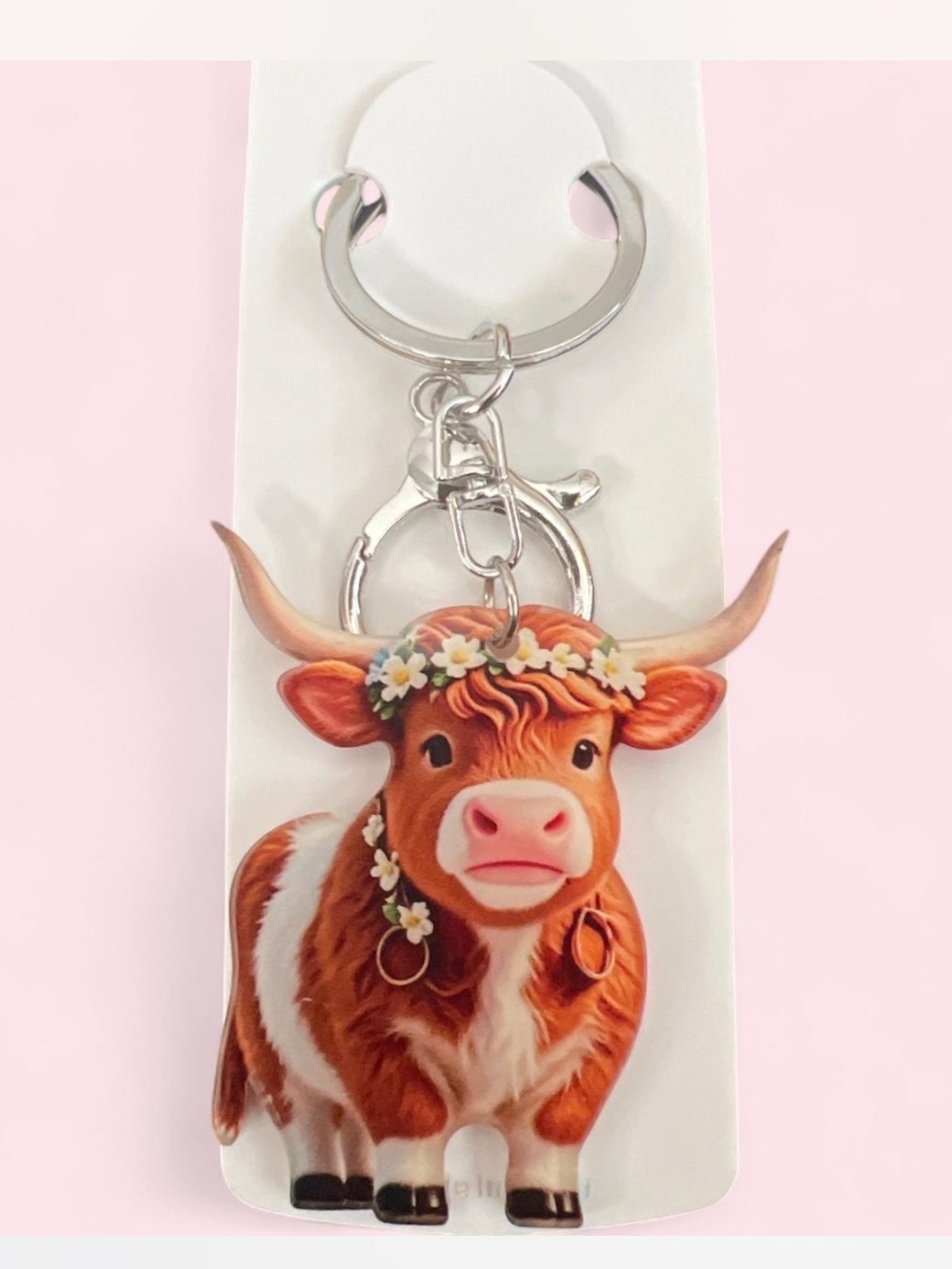 Cute Brown Highland Cow Floral Keychain - Bag Charm Women Accessories